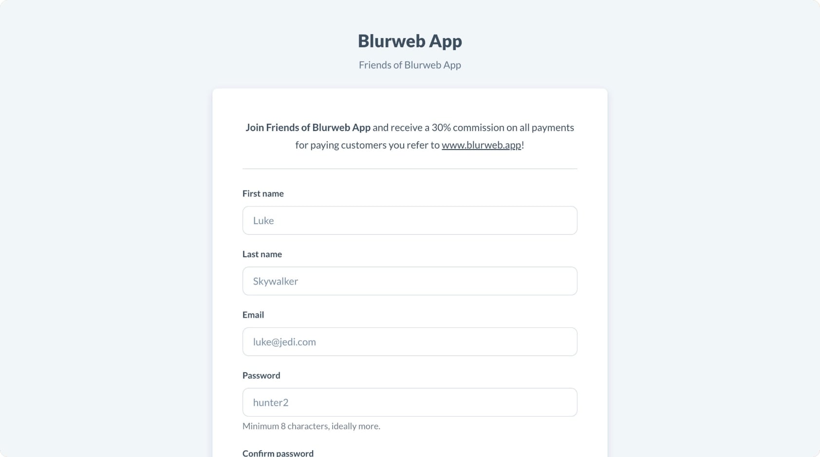 Affiliate application form screenshot